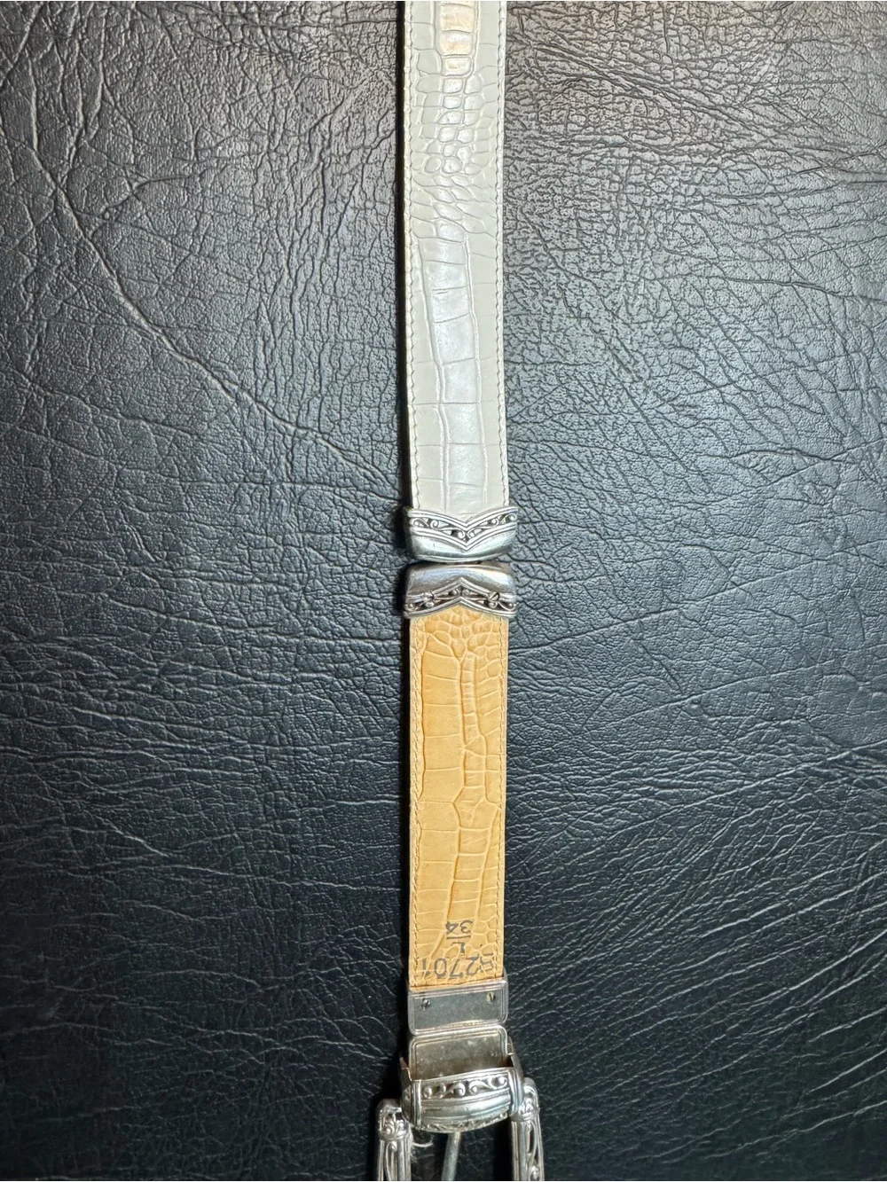 Brighton Reversible Croc Embossed Leather Belt Ivory Tan Silver Buckle L 34